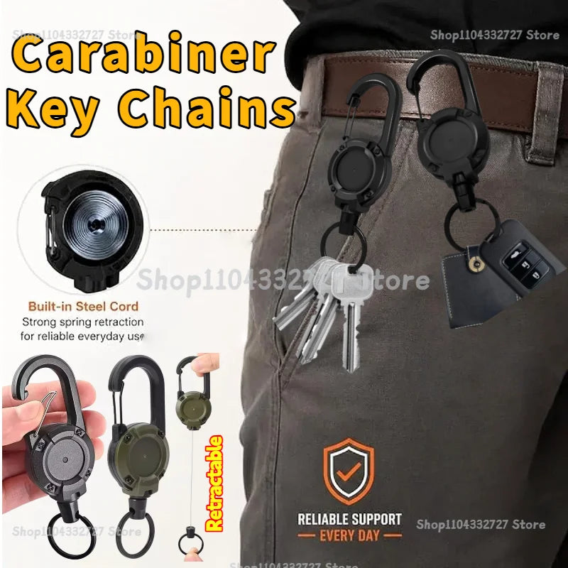 Retractable Heavy Duty Pull Reel Carabiner Key Chains Strong Steel Wire Rope Buckle Spring Key Ring Outdoor Sporty Keychain Tool Zpaxo