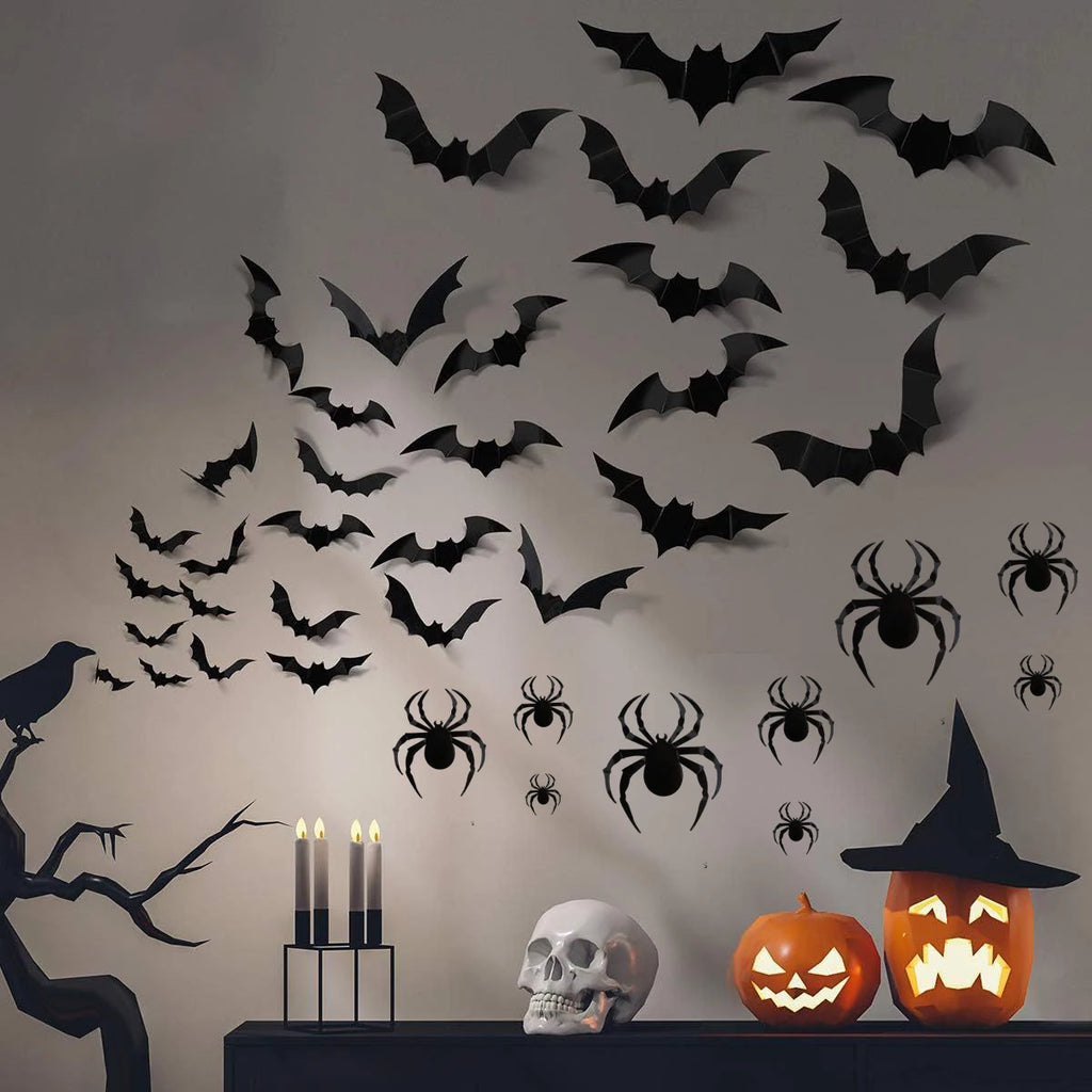 3D Black PVC Bat Spider Wall Stickers Scary Halloween Decorations