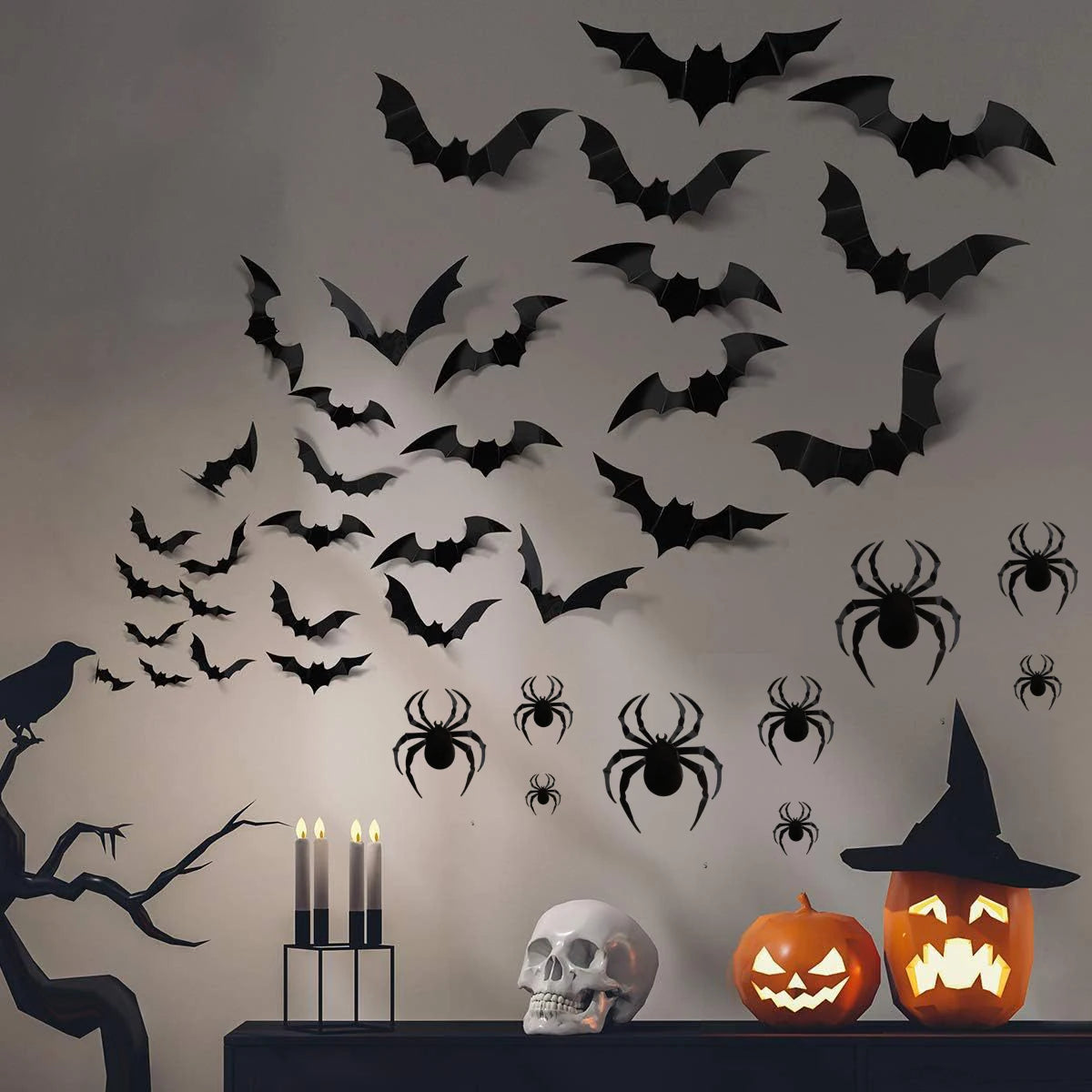 3D Black PVC Bat Spider Wall Stickers Scary Halloween Decorations