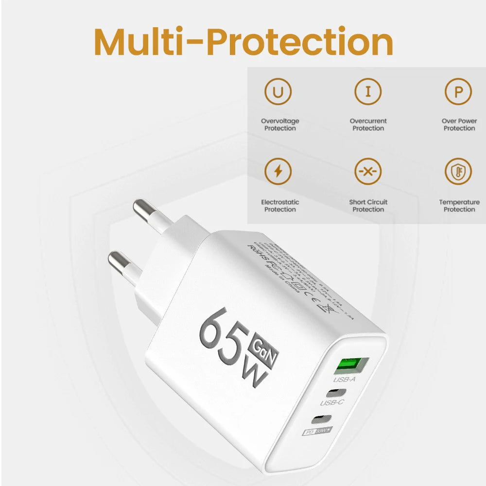 65W GaN USB-C Fast Charger PD 3.0 – 3-Port EU/US Wall Adapter GaN Wall Charger Zpaxo