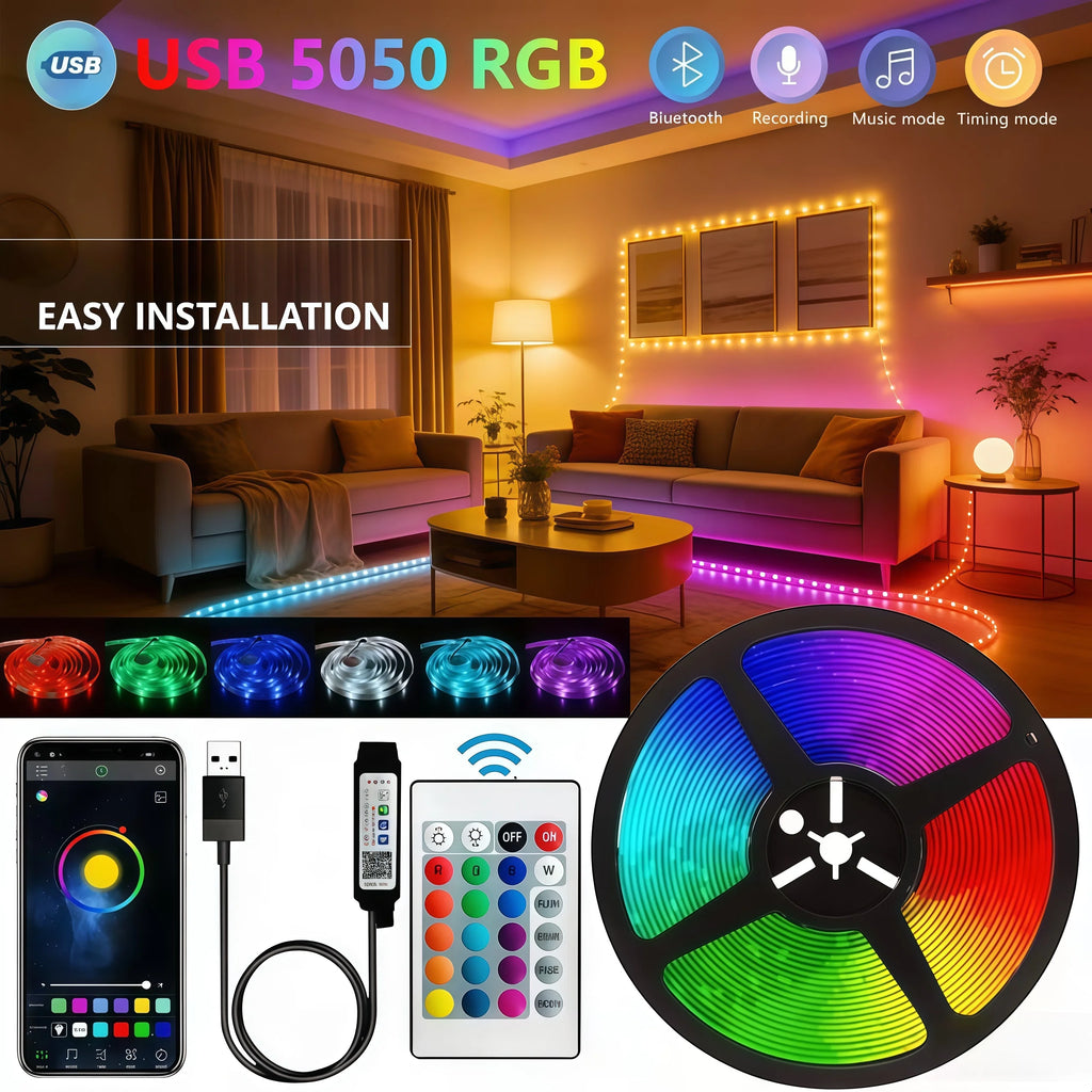 RGB Led Strip Lights USB 5V Music Sync 5050 Lexible Lamp Tape TV