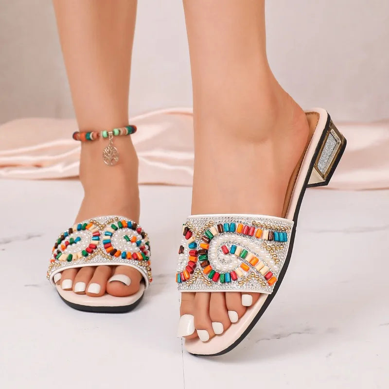 Bohemian Women's Square Open Toe Vintage Pearl Embellishment Slippers Zpaxo