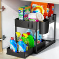 2 Tier Under Sink Sliding Cabinet Basket Organizer Storage Rack with Hooks Hanging Cup Bathroom Multifunctional Storage Rack Zpaxo Black-N