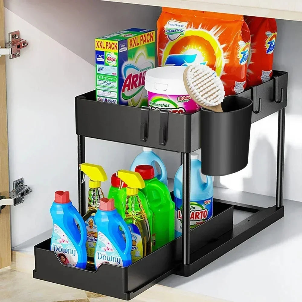 2 Tier Under Sink Sliding Cabinet Basket Organizer Storage Rack with Hooks Hanging Cup Bathroom Multifunctional Storage Rack Zpaxo Black-N