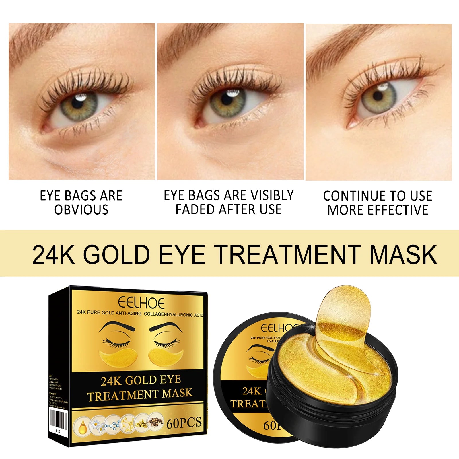 EELHOE 24k Gold Under Eye Patches 60 Pcs Eye Mask Pure Gold Anti-Aging Collagen Hyaluronic Acid Under Eye Mask Zpaxo