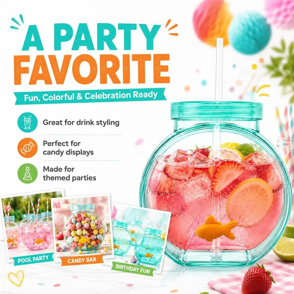 Fish Bowl Cups Clear Unbreakable Portable with Straw and Lid Summer Drink Cups for Cocktail Juice Soda Lemonade Family Zpaxo