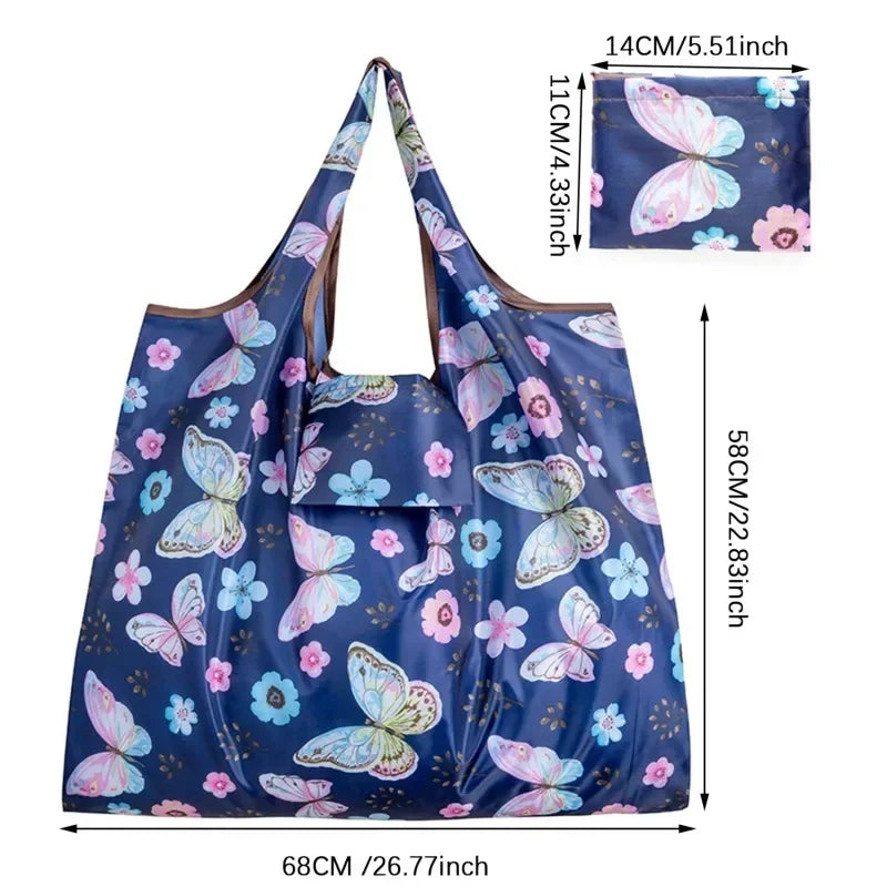 Foldable Butterfly Flower Reusable Tote Bag – Eco Shopping Bag Reusable Tote Bag Zpaxo Blue