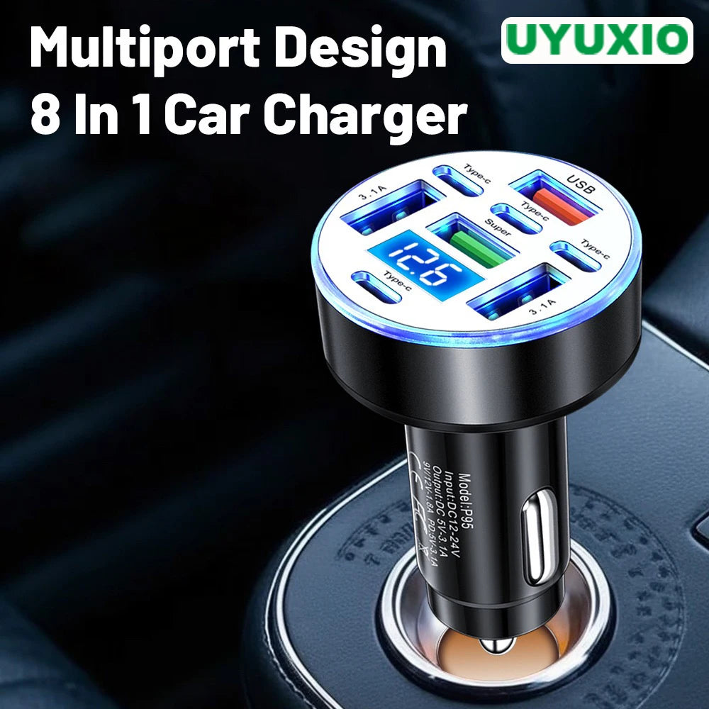 UYUXIO Multi Port USB C Car Charger Adapter 1 Voltage Display Iight