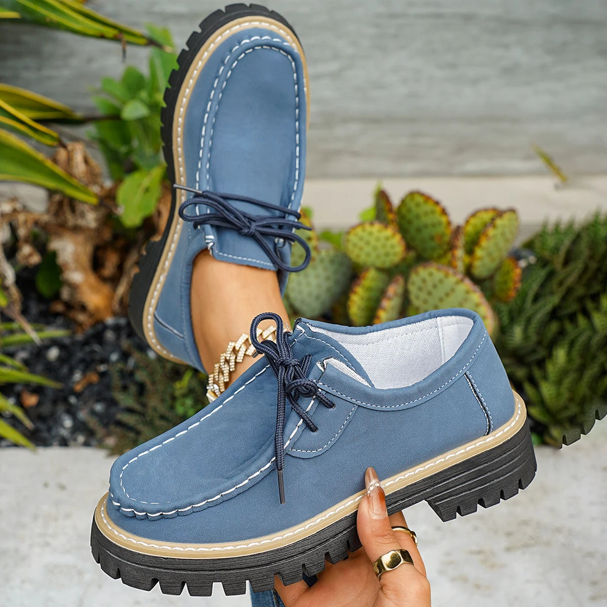 Woman Loafers Round Toe Rubber Outsole Sneakers Women Retro Autumn Large Size Shoes Ladies Casual British Style Thick Heel Shoes Zpaxo Blue 40