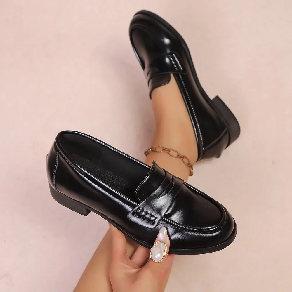 Elegant Black Pu Leather Flats Women 42 Comfortable Low Heel Loafers