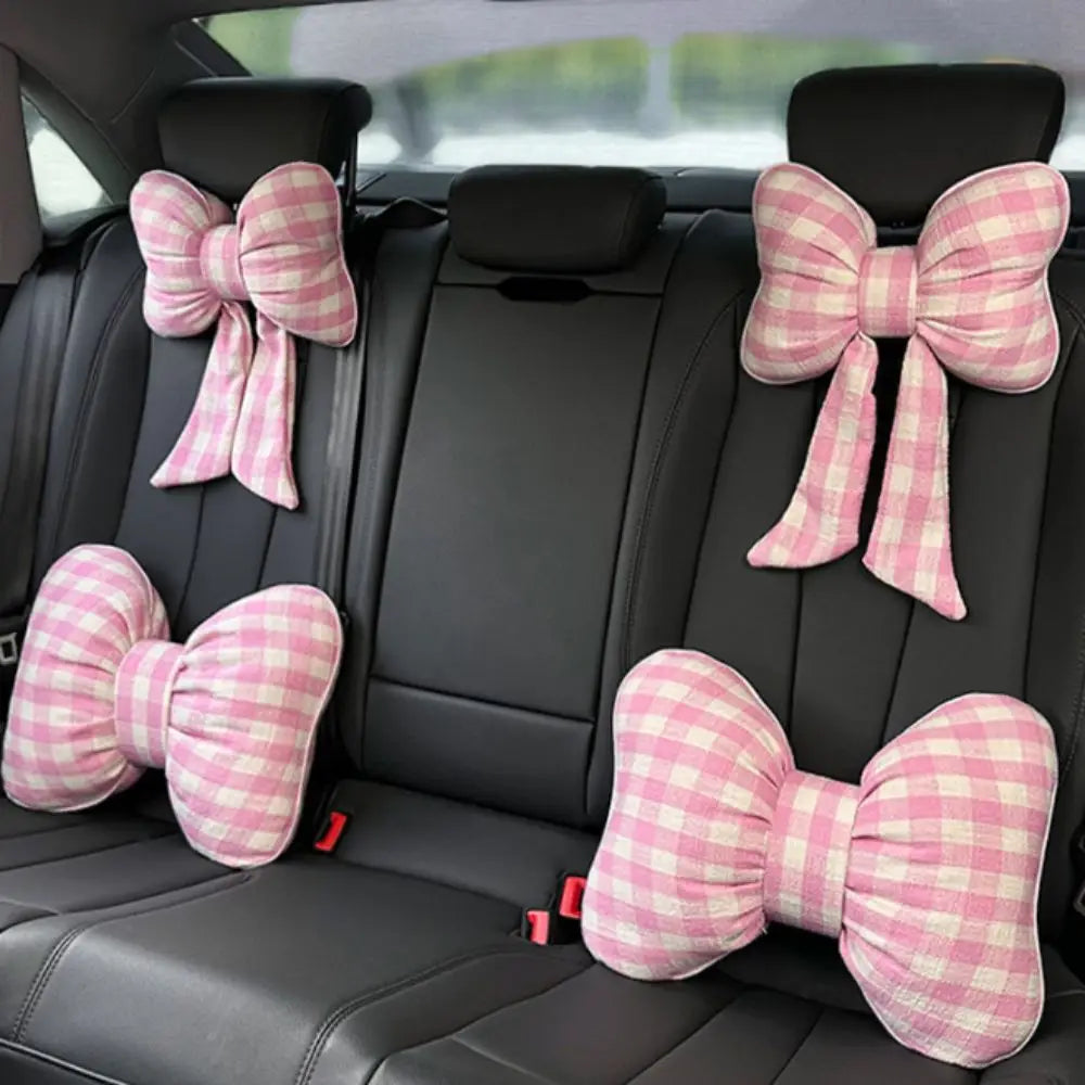 Pink Color Bowknot Pillows Plaid Interior Cute Design Car Seat Neck Rest Grid Pattern Bowknot Shape Bow Shape Pillow Adults Use Zpaxo