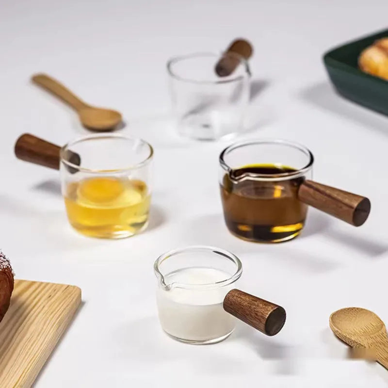 Glass Milk Pot Wooden Handle & Graduated Scale | Espresso Cup Glass Milk Pot Zpaxo