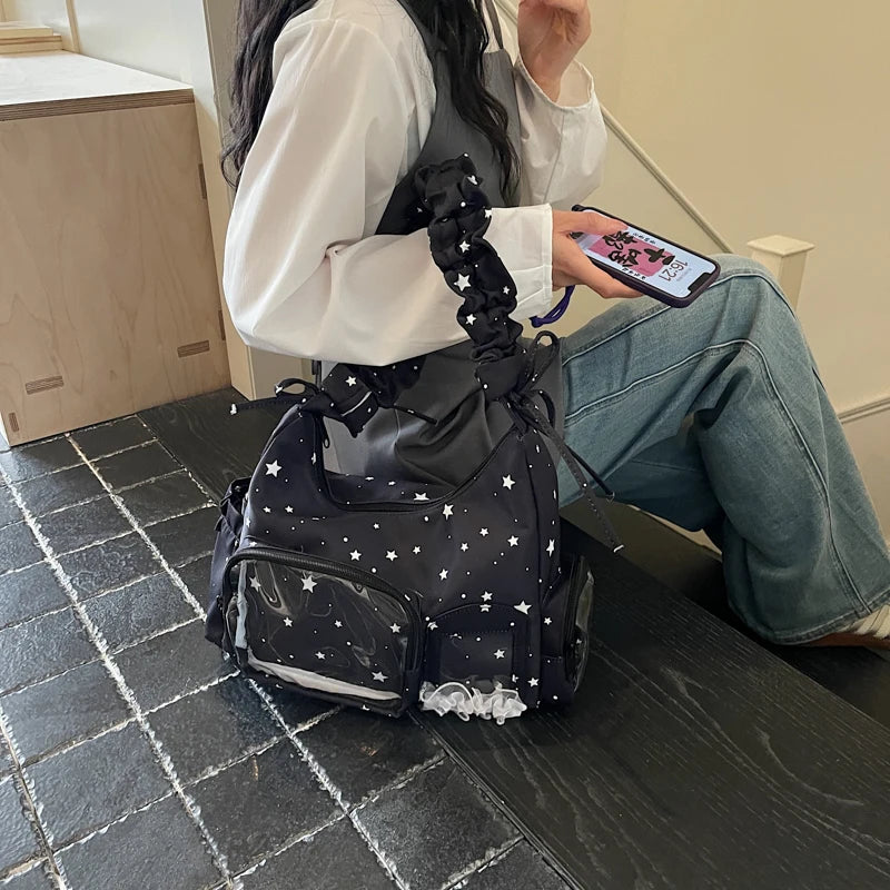 Women Canvas DIY Badge Crossbody Bag Zipper Cartoon Tote Handbag