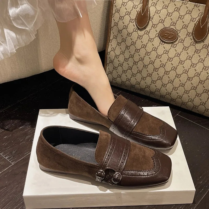 Square Toe Flat Loafers Women's 2026 Retro Pull-on Metal Belt Buckle Zpaxo