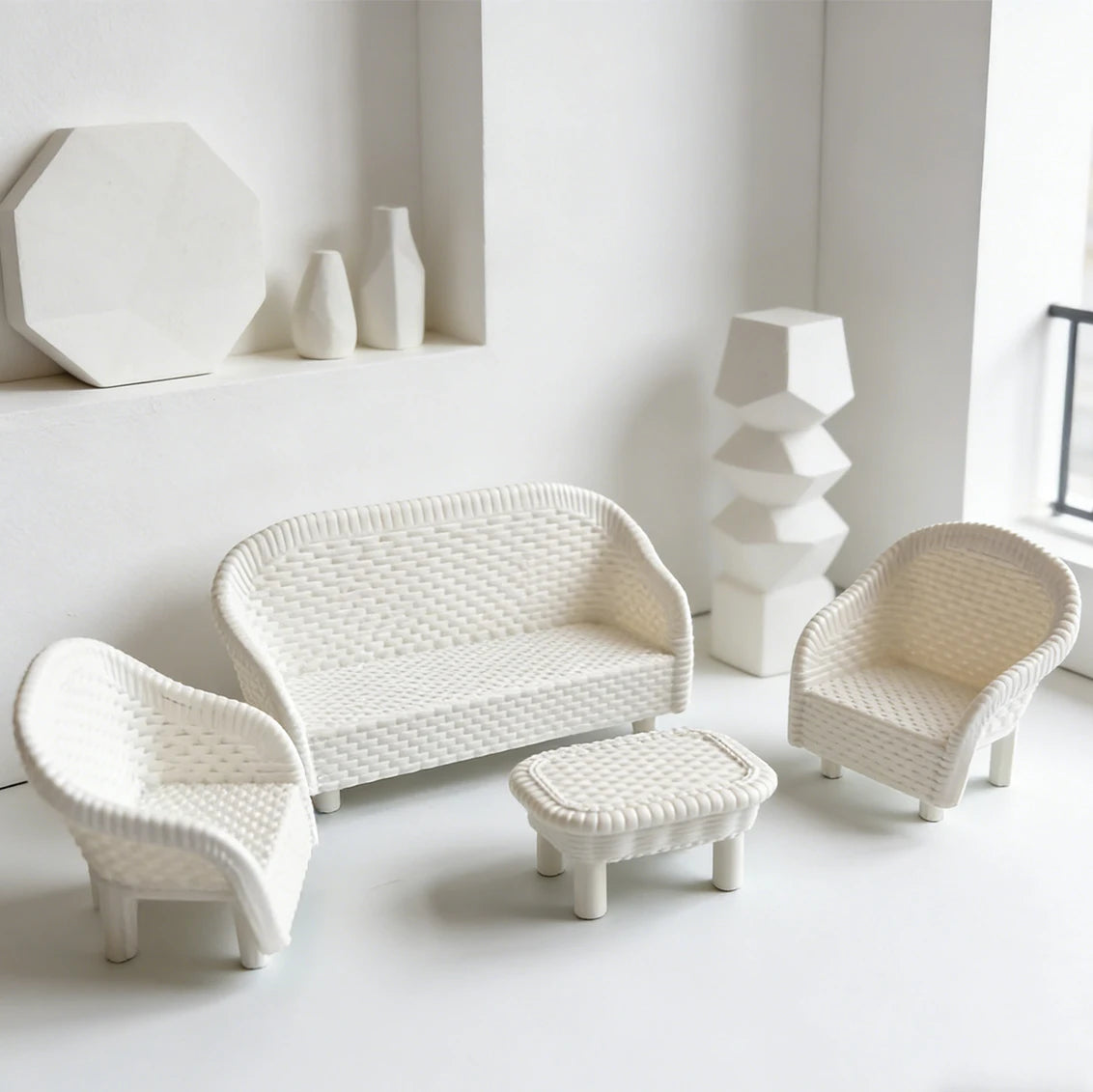 4-Piece Miniature Wicker Tea Table & Chair Set | Dollhouse Decor