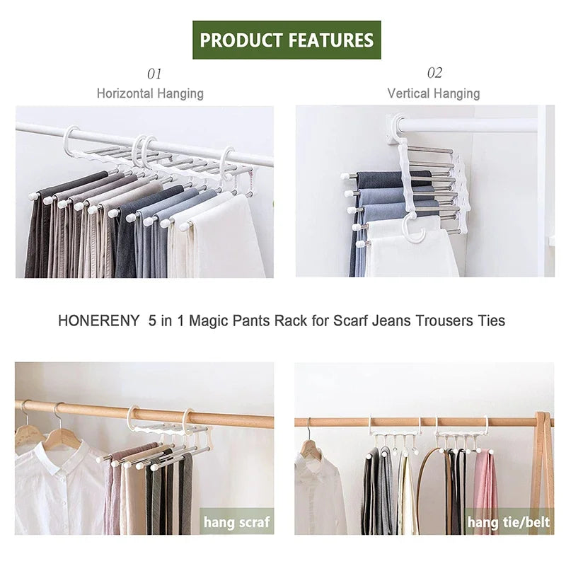 5 in1 Save Space Pants Hanger Collapsible Towel Tie Hook Multi-functional Clothes Trouser Rack Wardrobe Closet Organizer Storage Zpaxo