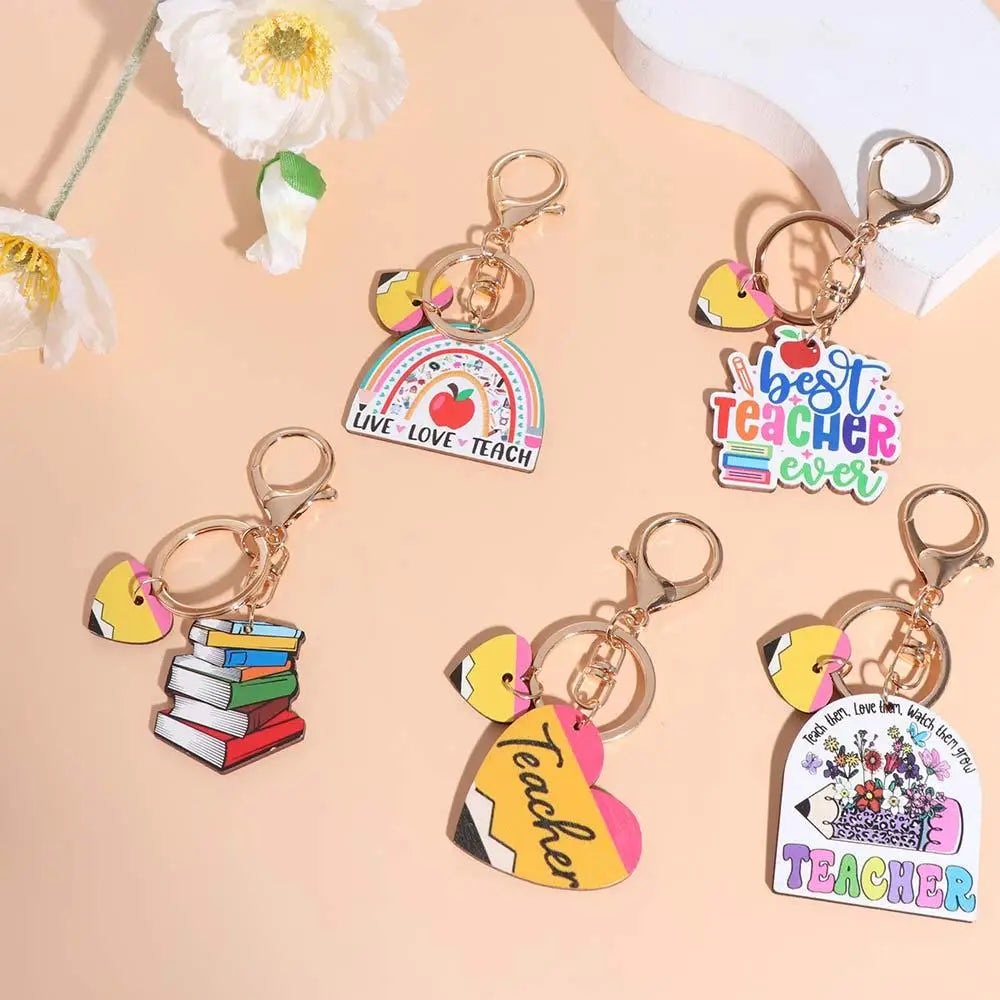 Wooden Pencil Rainbow Keychain English Letter Charm Teacher's Day Keychain Aesthetic Geometric Shape Teacher Education Pendant Zpaxo