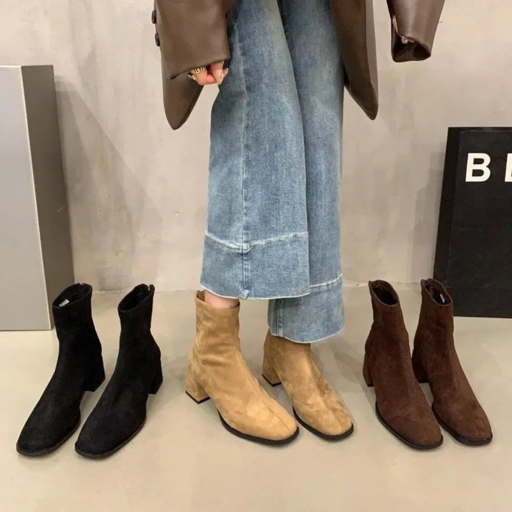 Autumn Winter Fleeces Women Sock Ankle Boots Fashion Square Heel