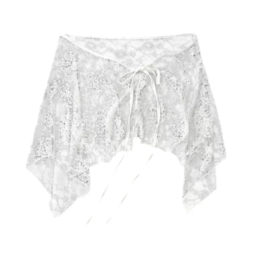 French Lacing Lace Mini Skirt Embroidery Irregular Hemline Ruched Skirts Y2K Streetwear Harajuku Lace Up Ruffles Skirt Zpaxo White One Size