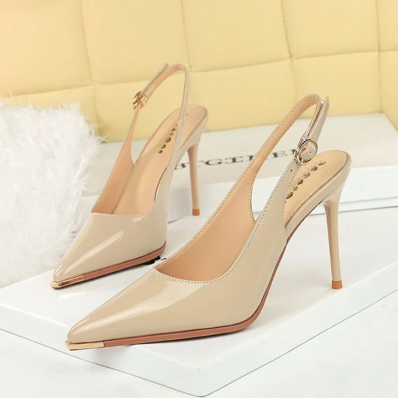 Fashionable Simple Patent Leather Pointed Heel Shoes Slim Heels Zpaxo 1991 Khaki 34 China Mainland