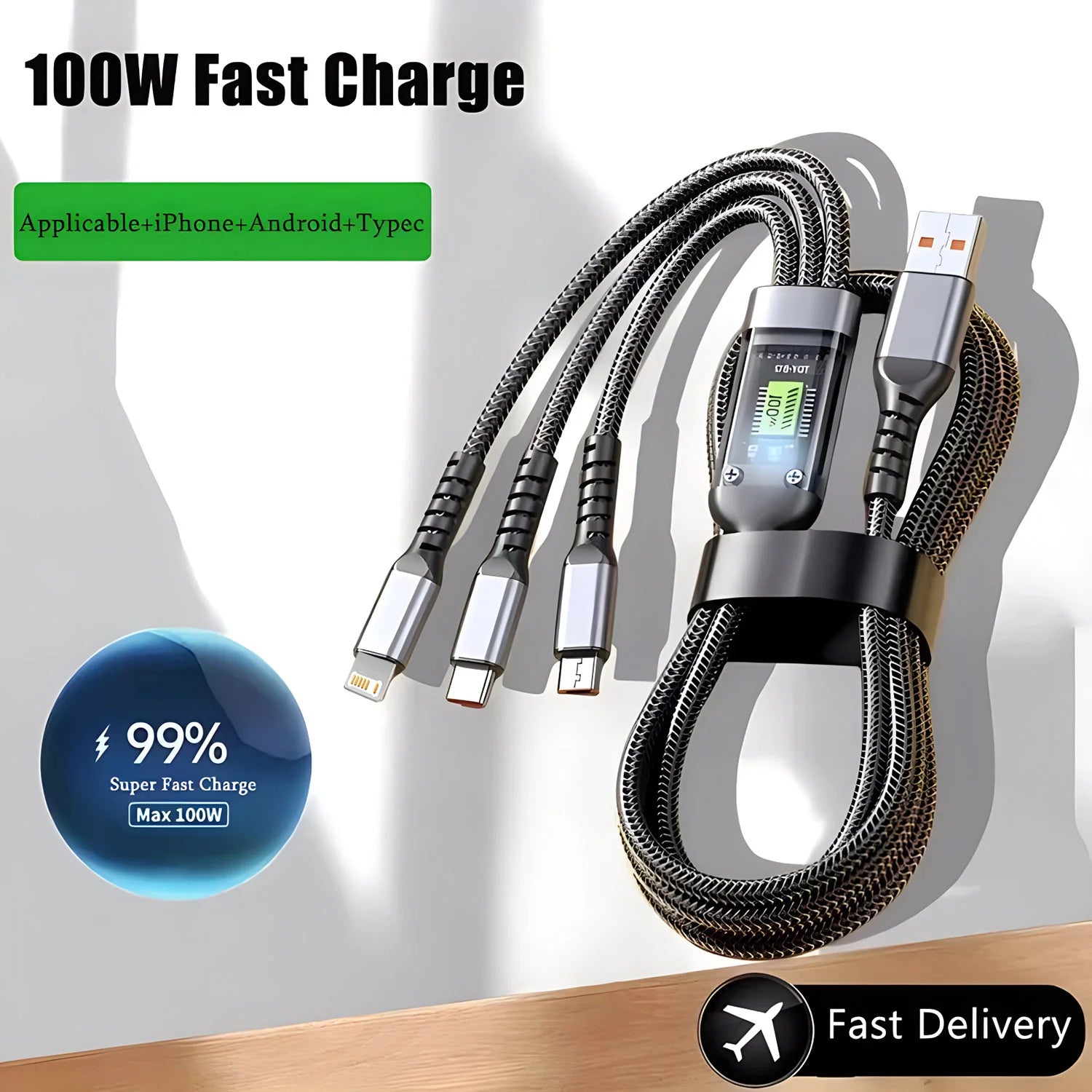 3-in-1 USB 100W 6A Fast Charger Cable Car Type-c Micro LIGHTNING