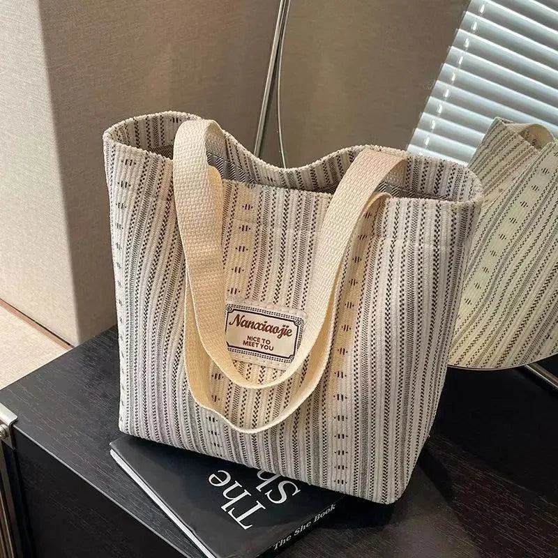 Vintage Striped Canvas Tote Bag Large-capacity Commuter Student