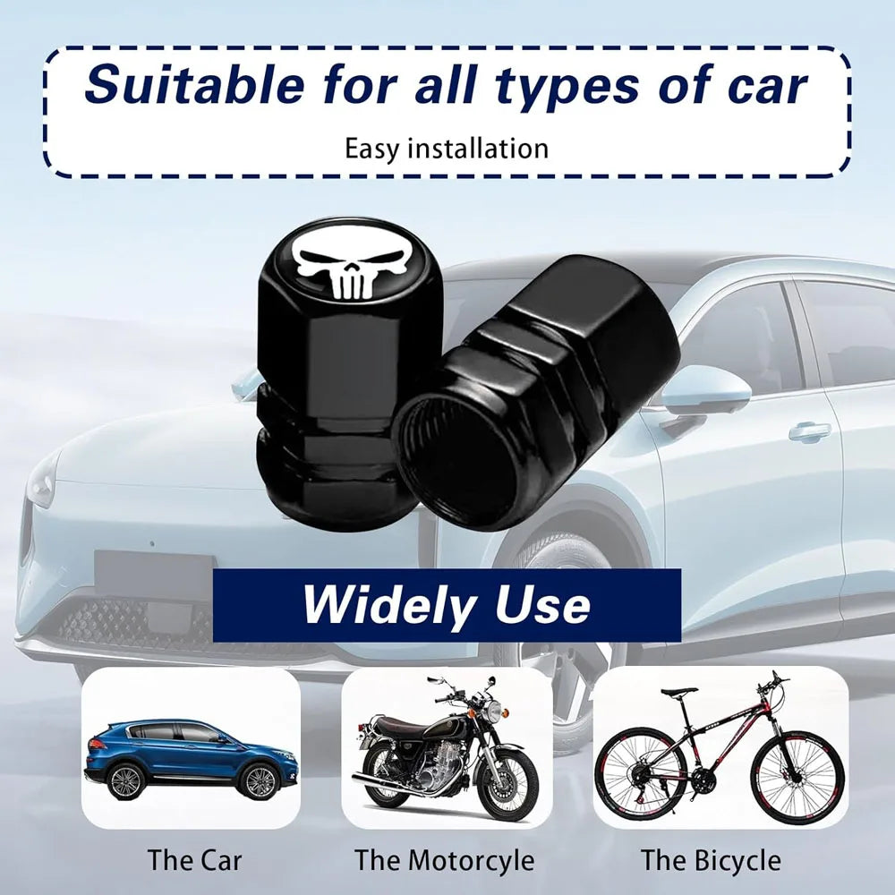 Skull Tire Valve Stem Caps – 4-Pack Aluminum Dust Covers