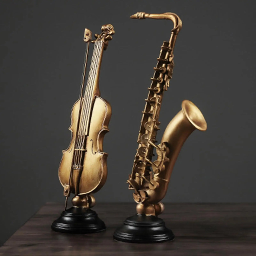 Instrument Figurines Gold Simulation Collectible Statue Miniature Saxophone Violin Statue with Stand for Collector Musician Home Zpaxo