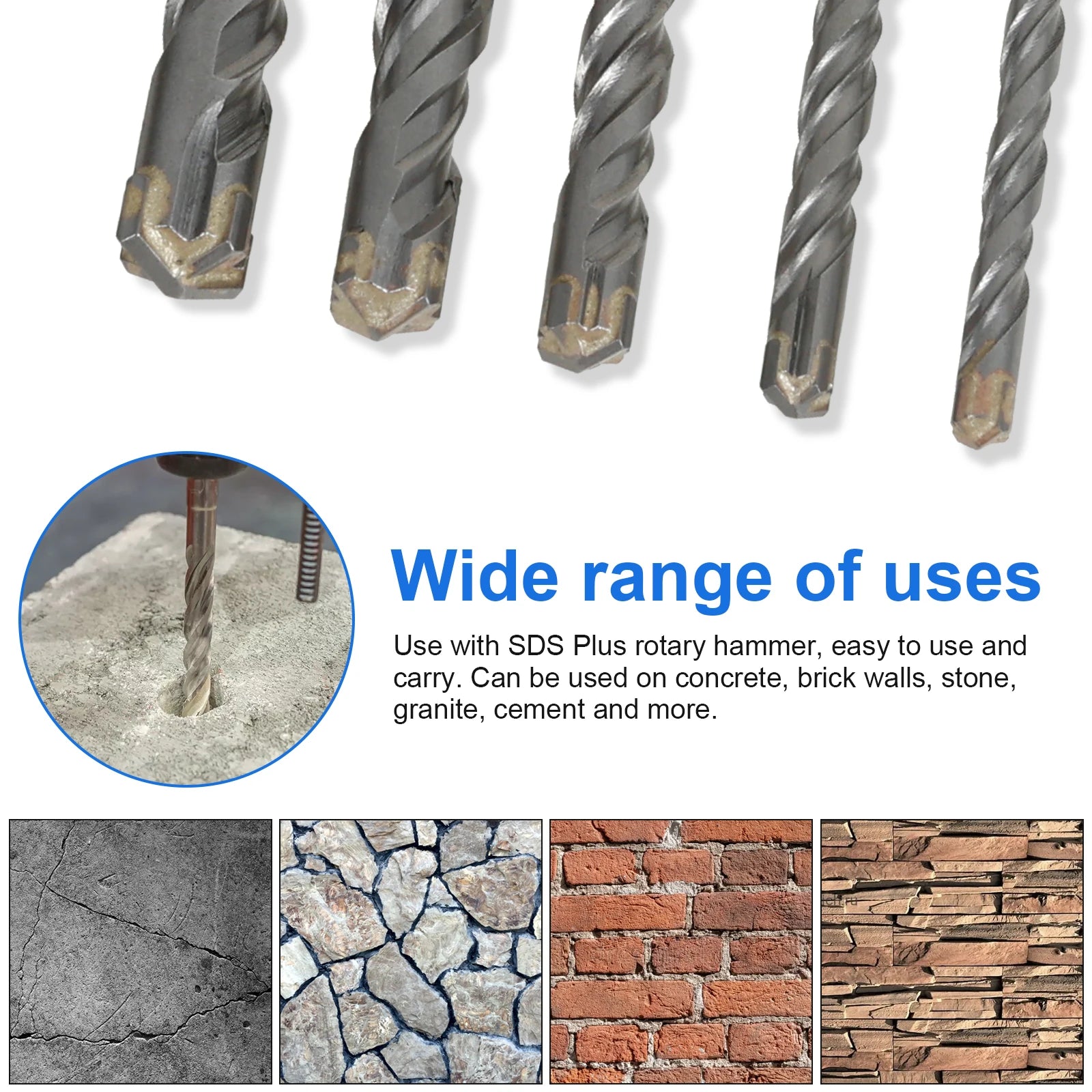 10Pcs SDS Plus Hammer Impact Drill Bit Set 5mm to 12mm Carbide Rotary Hammer Drill Bits Easy to Use for Stone Concrete Granite Zpaxo
