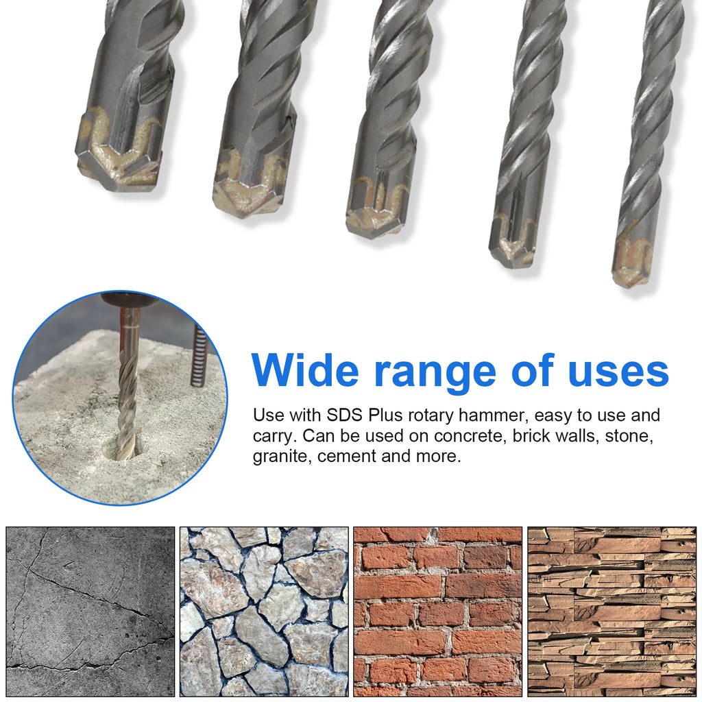 10Pcs SDS Plus Hammer Impact Drill Bit Set 5mm to 12mm Carbide Rotary Hammer Drill Bits Easy to Use for Stone Concrete Granite Zpaxo