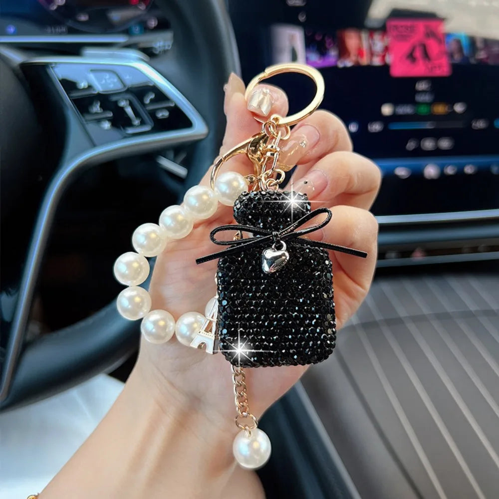 Charming Gift Bow Knot Shape Keychain Pearls Tassel Rhinestone Keyring Rhinestone Inlaid Cute Shape Shape Keyring Decor Zpaxo Black