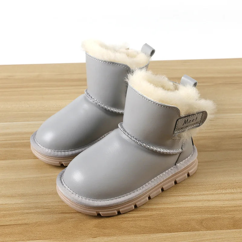 Winter Children's Bright Leather Snow Boots Thickened Sheepskin Fur Zpaxo GRAY 34(insole 21cm) China Mainland