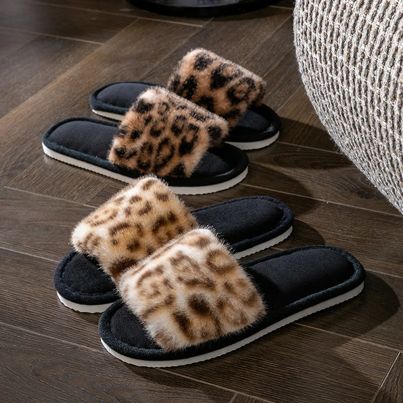 Women's Leopard Print Plush Slippers Home Non-slip Sole Soft