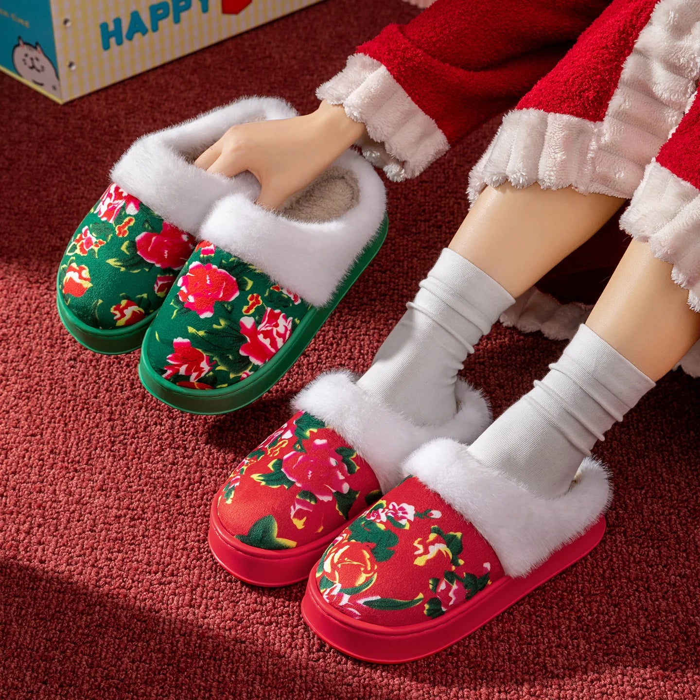 Chinese Traditional Floral Warm Slippers Winter Plush Lined Non-slip