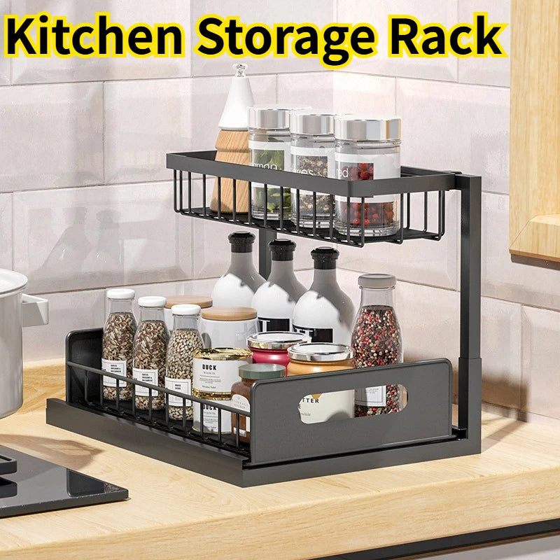 Double-Layer Pull-Out Under Sink Organizer Rack with 5 Hooks Under Sink Organizer Zpaxo