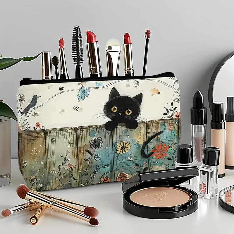 Black Cat Floral Zipper Pouch Durable Fade-resistant Cosmetic Bag