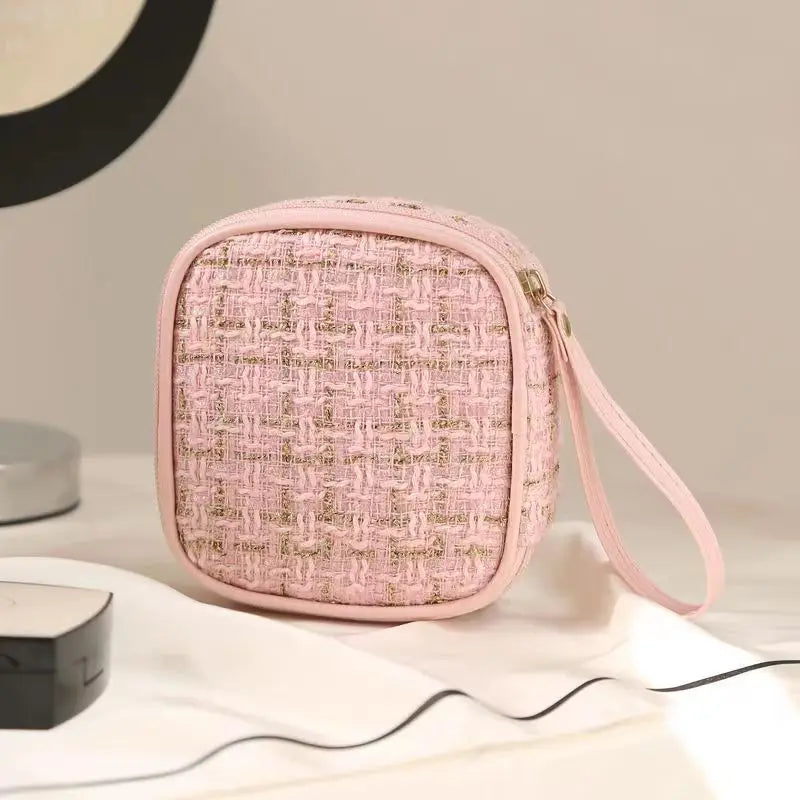 Mini Woven Makeup Bag – Portable Cosmetic Pouch with Zipper, Compact Organizer for Lipstick Keys Coins, Travel & Daily Use Zpaxo Pink