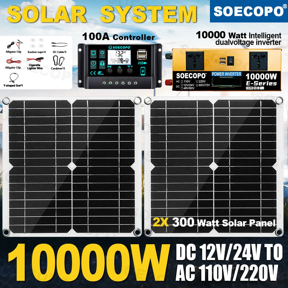 10000W Complete Off-Grid Kit Solar Panel + Controller + Smart Inverter 12V/24V to 110V/220V Emergency Backup for Home RV Camping Zpaxo