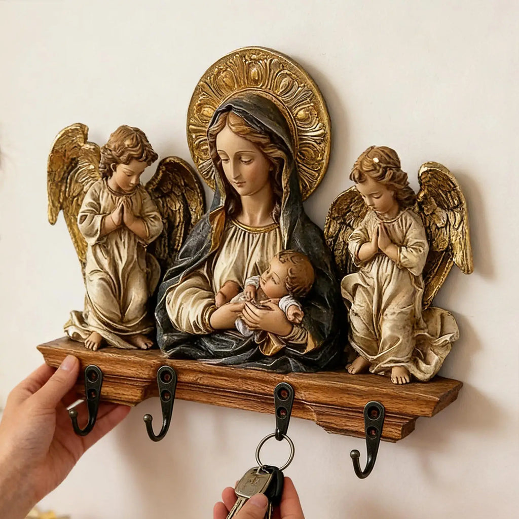 Key Holder Wall Mount Wood Religious Space Saving Hanger 4 Hooks