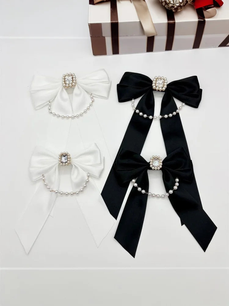 Trendy Women's Shirt Accessory Black White Bow Brooch Pearl Chain Zpaxo