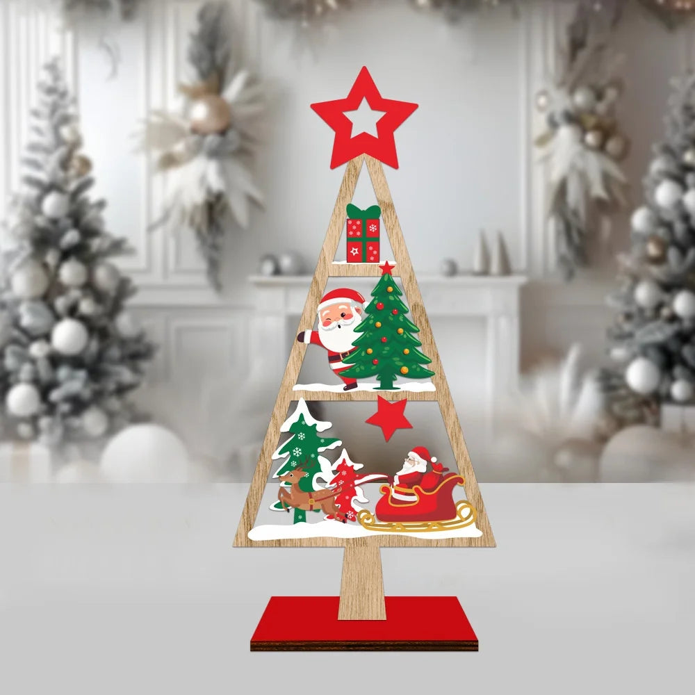 Wooden Christmas Tree Desktop Ornament – Santa & Snowman