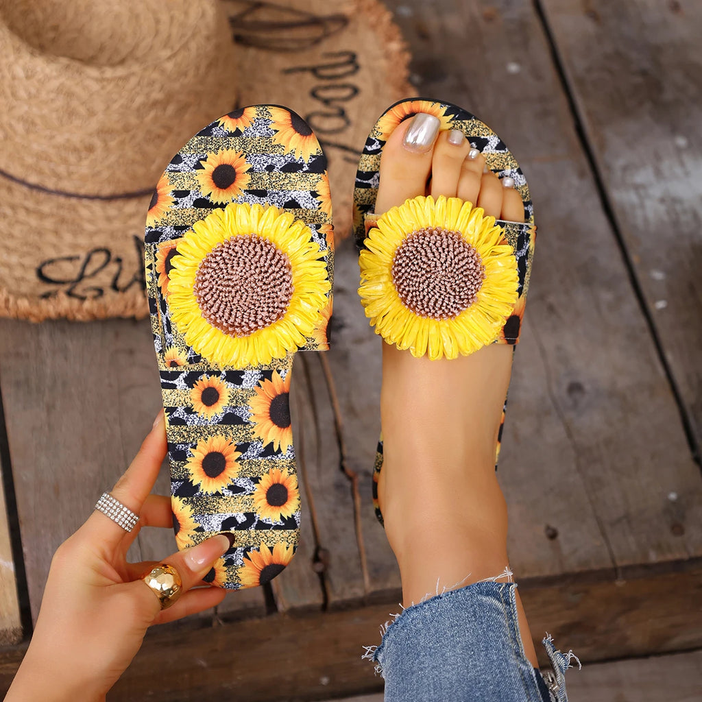 2025 New Women Slippers Casual Bohemian Flat Sandals Sunflower Print Beach Slippers Vacation Shoes Women Trend Slides Women Zpaxo
