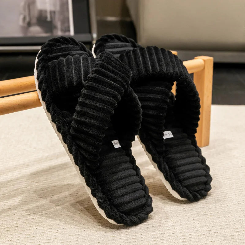 Fashion Corduroy Cross Band Open Toe Home Slippers Women Autumn