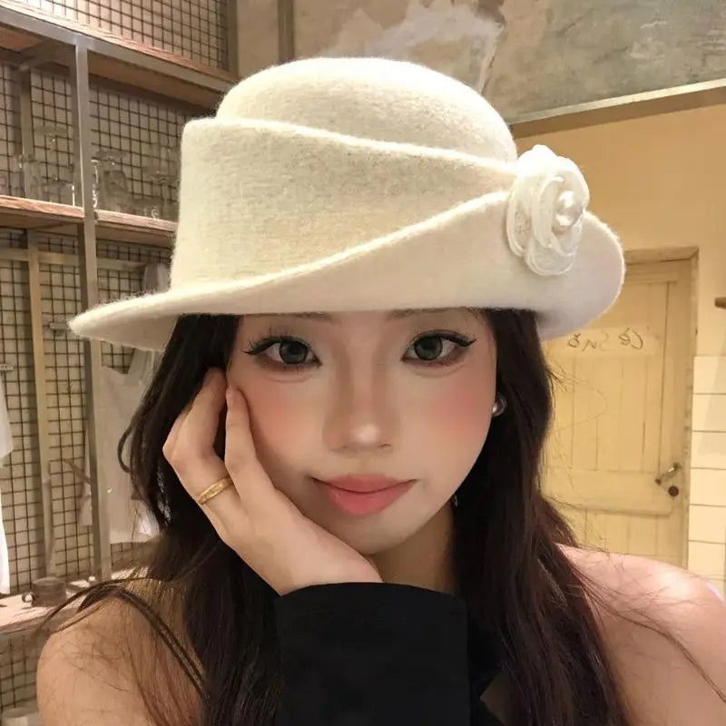 Vintage Chic Ruffled Camellia Heiress Winter Cap Women French-style Zpaxo