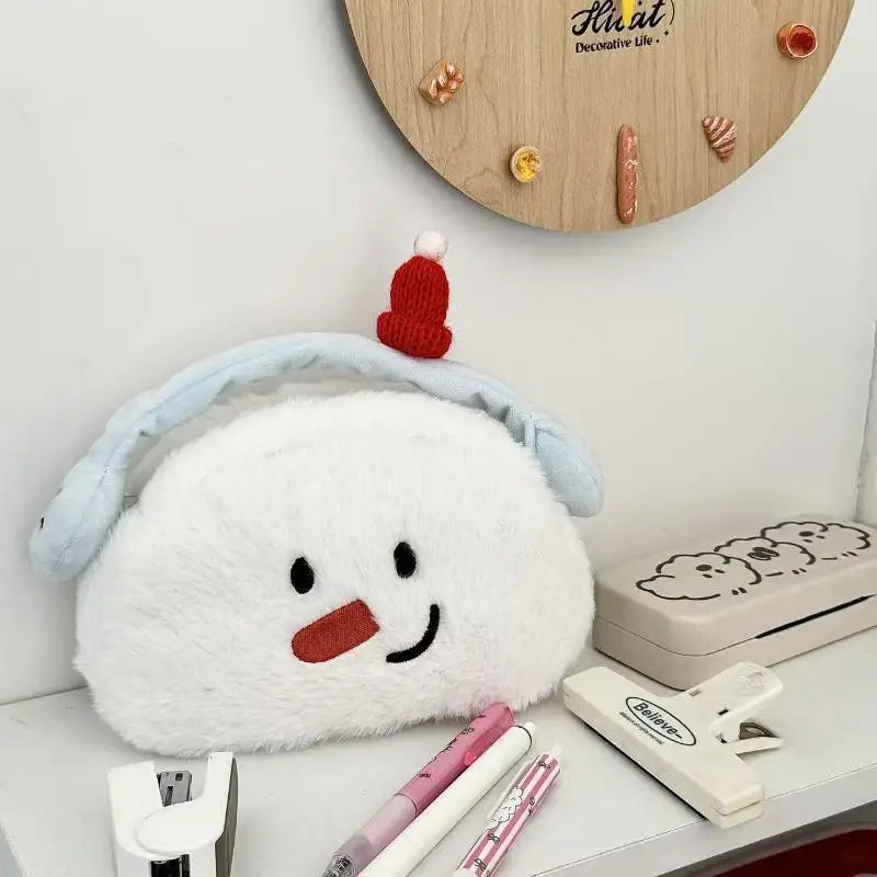 Cute Cartoon Snowman Plush Pen Case Kawaii Large Capacity Stationery Bag Multi-functional Storage Bag Stationery Supplies Zpaxo