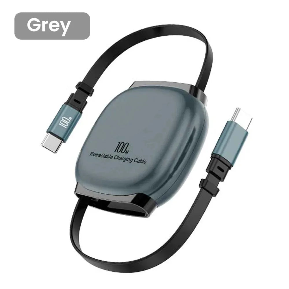 100W Retractable USB-C Fast Charging Cable – 1M PD Type C USB-C Charging Cable Zpaxo Grey