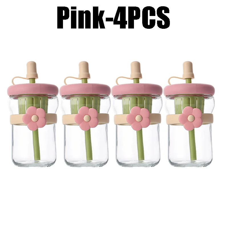 Glass Flower Cartoon Tea Strainer Cold Brew Straw Tumbler Leak-proof Zpaxo Pink-4PCS 500ml