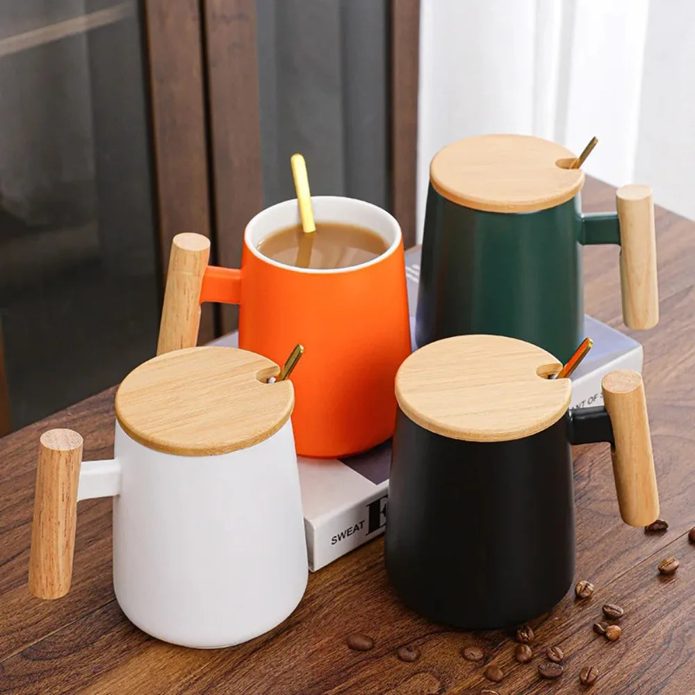 Hot Vintage Hot Selling Wooden Handle Ceramic Cup, Creative Mug, Cultural and Creative Coffee Cup with Lid Spoon Zpaxo