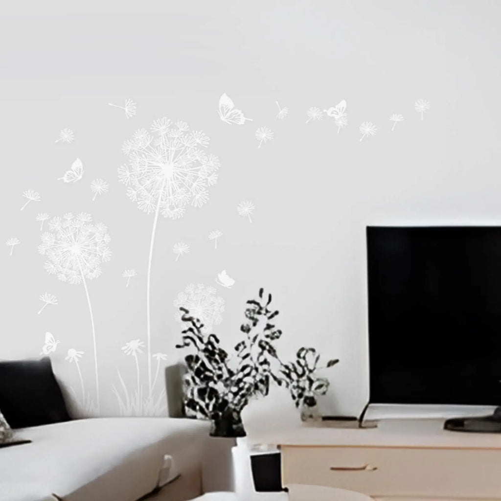 DIY White Dandelion Wall Sticker Decals Waterproof Decorative Peel and Paste Butterflies Flying for Sofa Backdrop Accessory Zpaxo