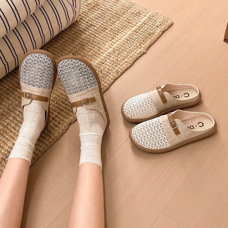 Round Toe Comfortable Women's One-word Buckle Strap Breathable Zpaxo